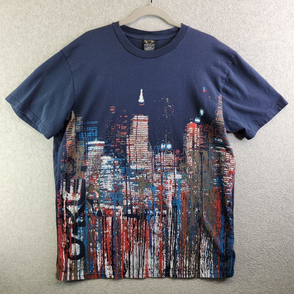 Oakley Shirt Mens XL Blue City Skyline Graphic Novelty Print Tourist Party Rave